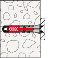 Diagramme d'une cheville dans un mur. La cheville est expansée pour offrir une fixation sécurisée. Montre la fixation en coupe.