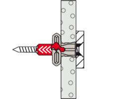 Diagramme de bohrage d'ancrage : L'ancre est percée à travers un mur, avec un élément rouge décoré d'une flèche à gauche et une dentelure de fixation à droite.