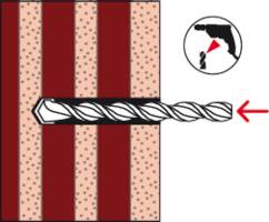 Un foret dans un mur avec une flèche rouge indique le mouvement de perçage. Un petit symbole en haut montre le perçage en profil.