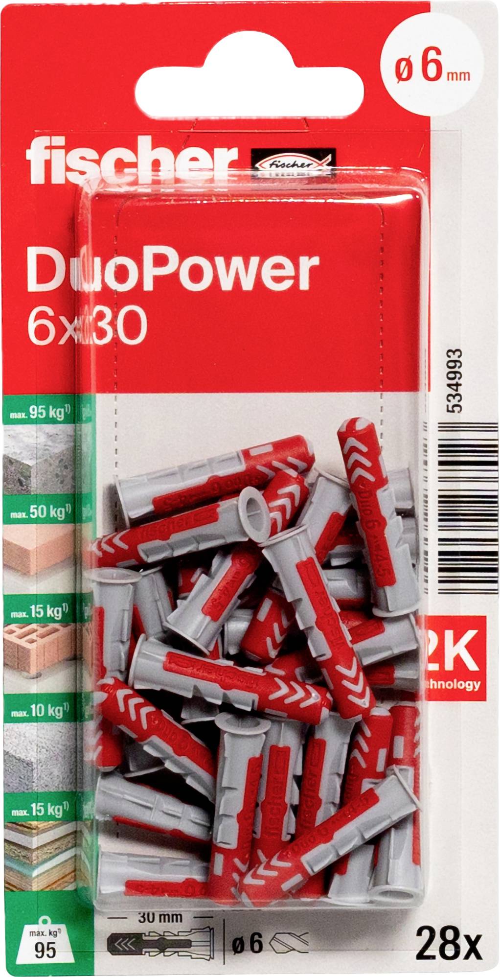 Paquet de chevilles murales Fischer DuoPower 6x30, 28 pièces, pour trous de 6 mm, montrant des chevilles rouges et grises en emballage blister.