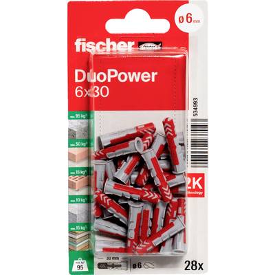 Paquet de chevilles murales Fischer DuoPower 6x30, 28 pièces, pour trous de 6 mm, montrant des chevilles rouges et grises en emballage blister.