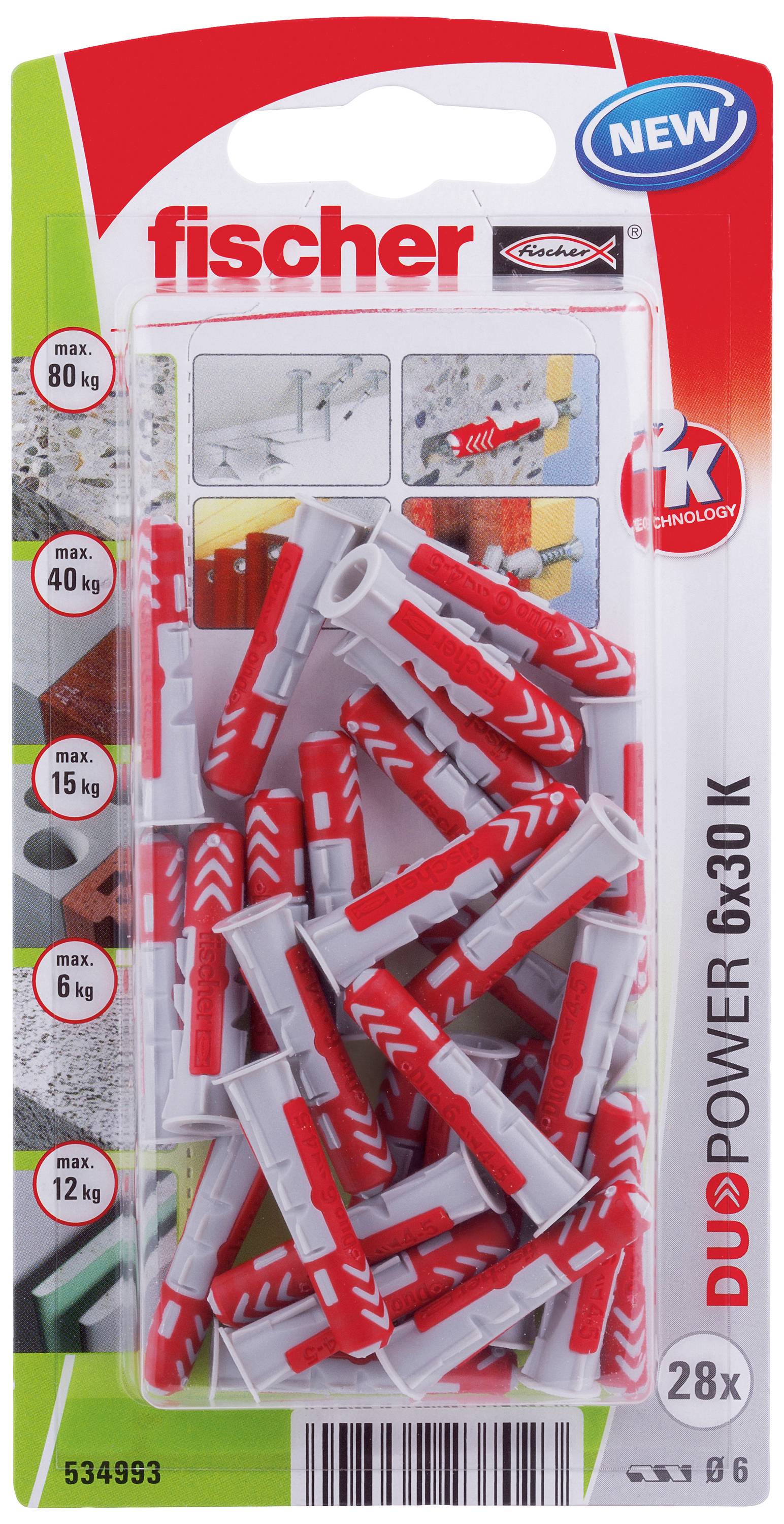 Boîte de chevilles Fischer, type DUOPOWER 6x30 K, 28 pièces. Les illustrations montrent les possibilités d'utilisation dans le béton, la brique et le plâtre. La charge maximale varie selon le matériau.