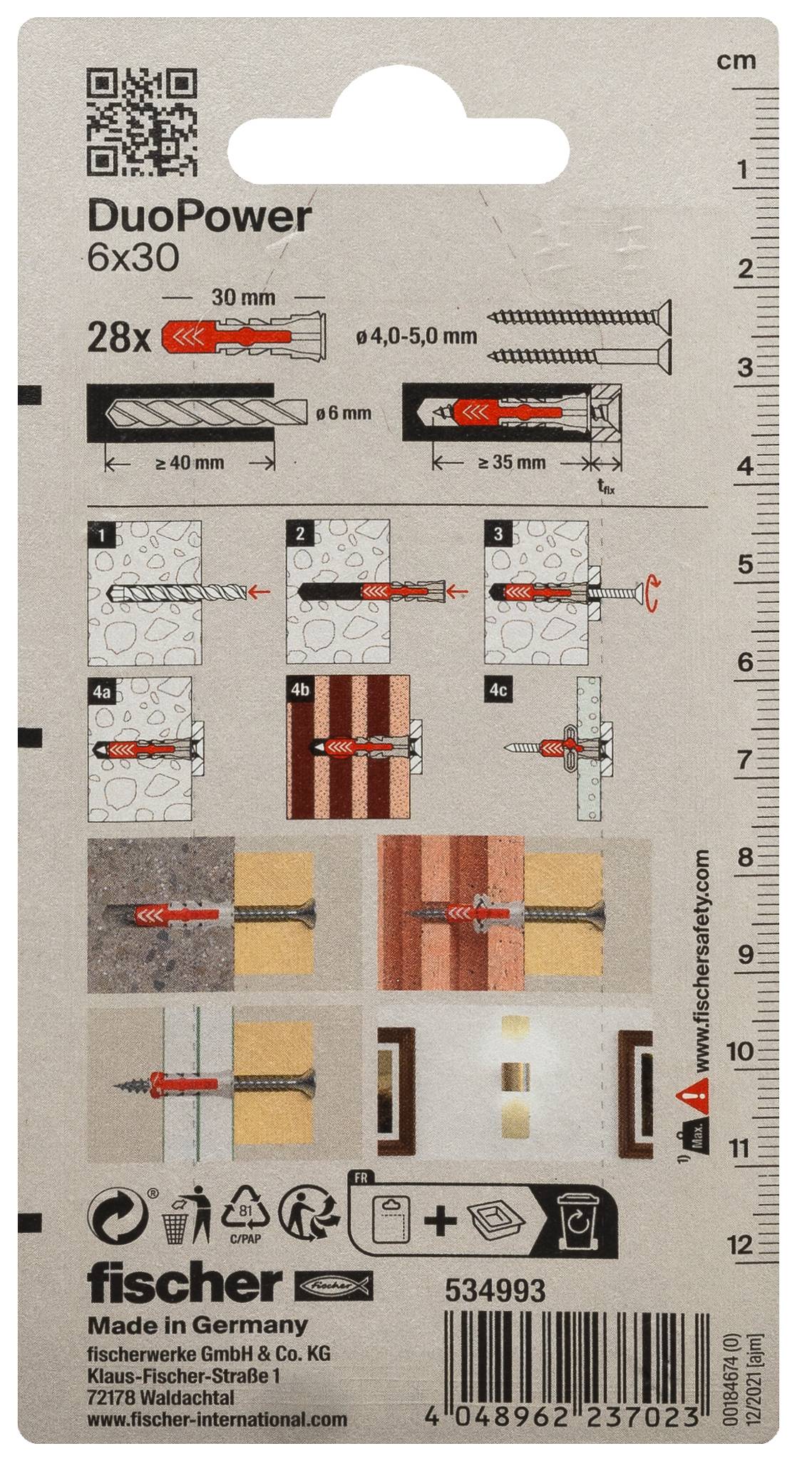 Paquet de chevilles murales Fischer DuoPower 6x30, montrant les conseils de taille de foret et de vis, les étapes d'installation, les icônes d'utilisation de charge, code-barres et numéro de produit 534993.