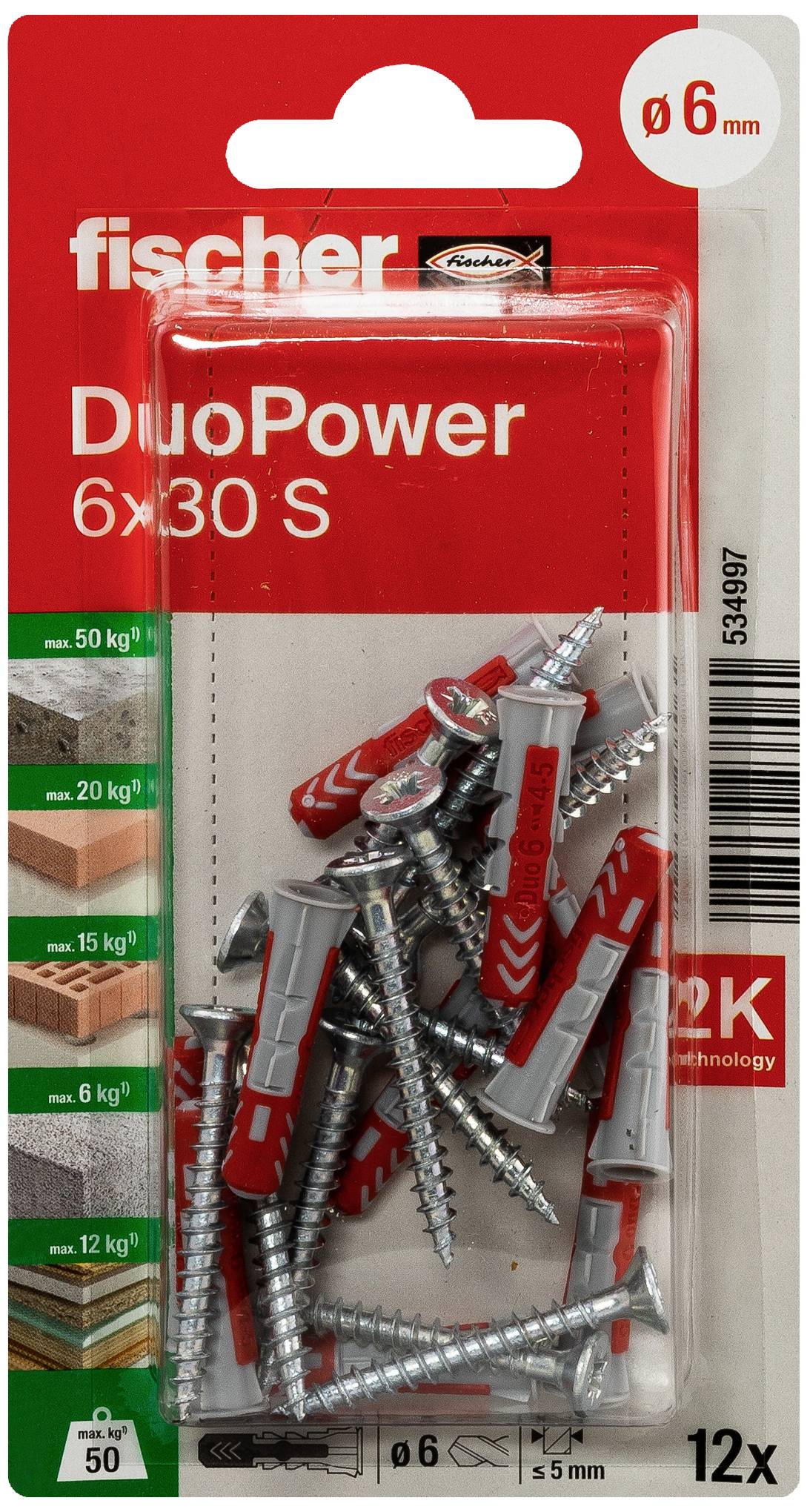 Boîte de chevilles Fischer DuoPower 6x30 S, adaptées à différents matériaux. Contient 12 pièces, diamètre 6 mm.