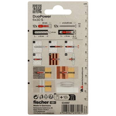 Paquet de chevilles murales Fischertechnik DuoPower 6x30 S montrant les schémas d'installation, les dimensions et le code QR ; 12x inclus.