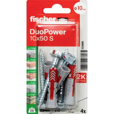 Paquet de chevilles murales Fischer DuoPower 10x50 S et vis, montrant 4 pièces et icônes de compatibilité pour montage de 10 mm et charge lourde.
