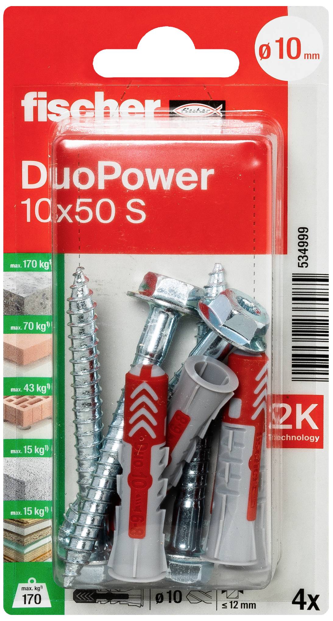Emballage de quatre chevilles et vis, adaptée au béton, à la brique, au béton cellulaire et au plâtre. Capacité de charge : jusqu'à 170 kg.