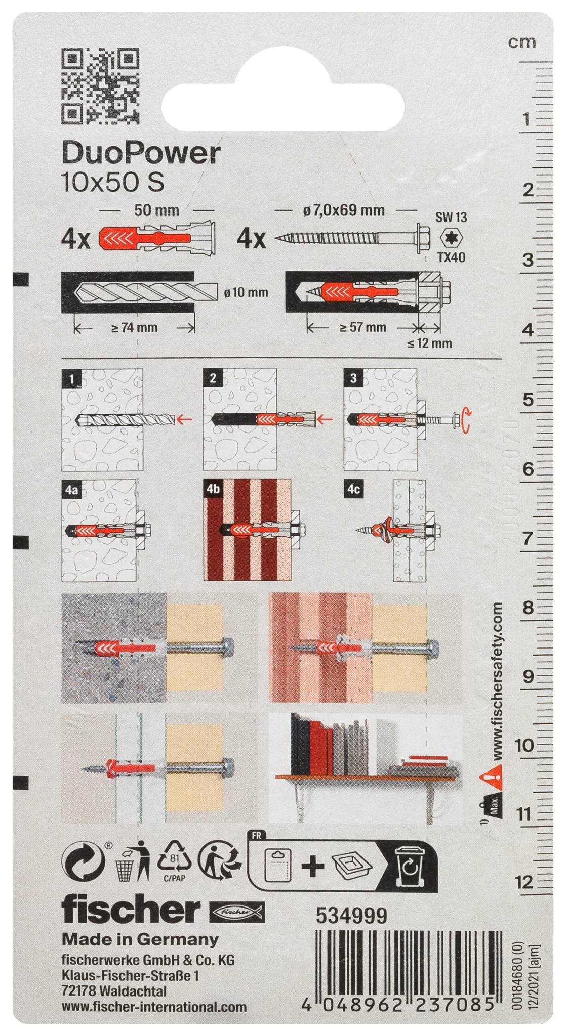 Ensemble de chevilles murales Fischer DuoPower 10x50 S avec 4 chevilles rouges et 4 vis, indiquant les diamètres de forage, les étapes d'installation et les dimensions du produit.