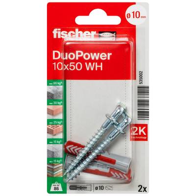 Emballage pour chevilles murales fischer DuoPower, 10x50 WH, avec deux chevilles argentées et vis rouges, marqué « ø10 mm » et « 2x »