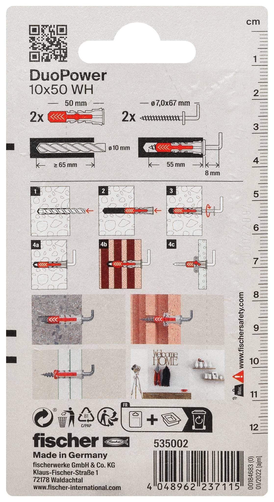 Paquet pour chevilles murales Fischer DuoPower 10x50 montrant les diagrammes d'installation, les dimensions et incluant 2 chevilles de 10 mm avec les tailles de vis.