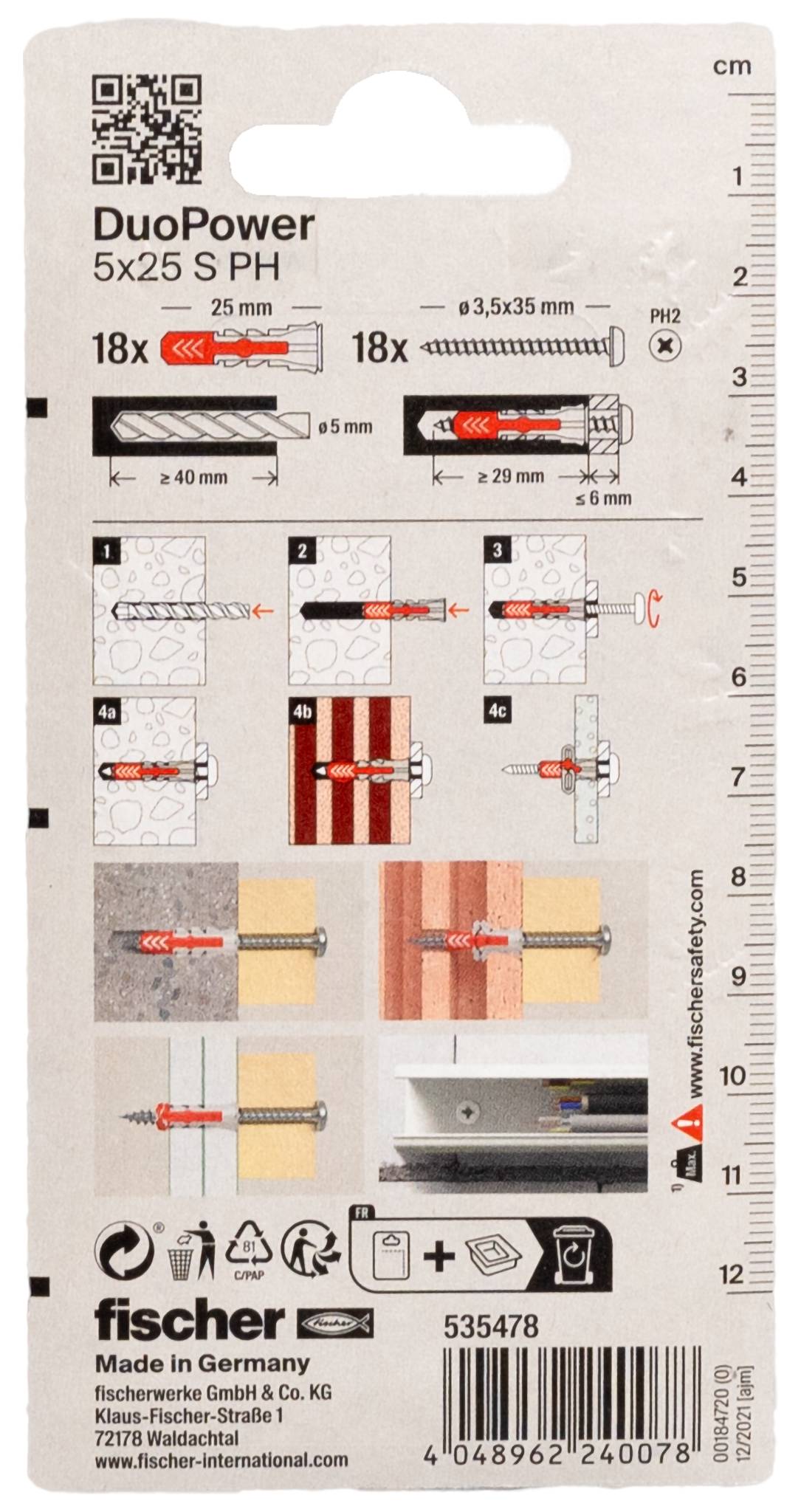 Etiquette du paquet Fischer DuoPower 5x25 PH montrant deux tailles de vis, les dimensions de forage, les étapes d'installation et un code QR avec code-barres.