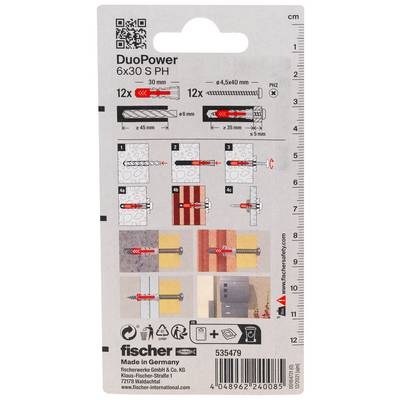 Chevilles Fischer DuoPower 6x30 S PH2 avec code QR, diagrammes d'installation et dimensions pour 12 chevilles et 12 vis.