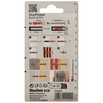 Emballage pour chevilles murales Fischer DuoPower 8x40 S PH, montrant les schémas d'installation, les dimensions et le contenu du produit.