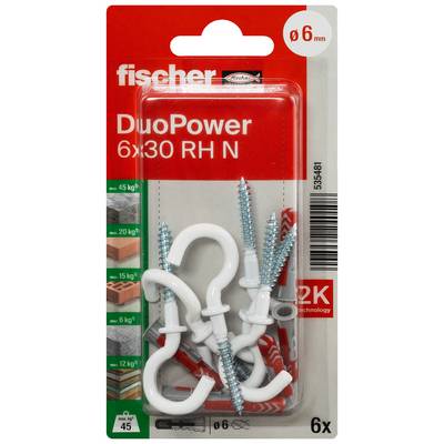 Paquet de chevilles murales Fischer DuoPower 6x30 RH N avec vis, montrant 6 pièces, adaptées pour les trous de 6 mm et plusieurs charges nominales.