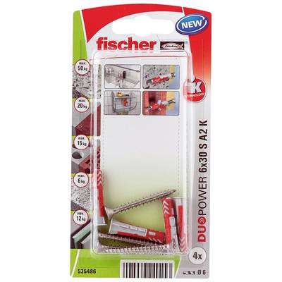 Emballage pour chevilles Fischer DUOPOWER 6x30 S A2 K. Contient 4 chevilles, convenant pour des charges jusqu'à 50 kg. Présente des exemples d'application.