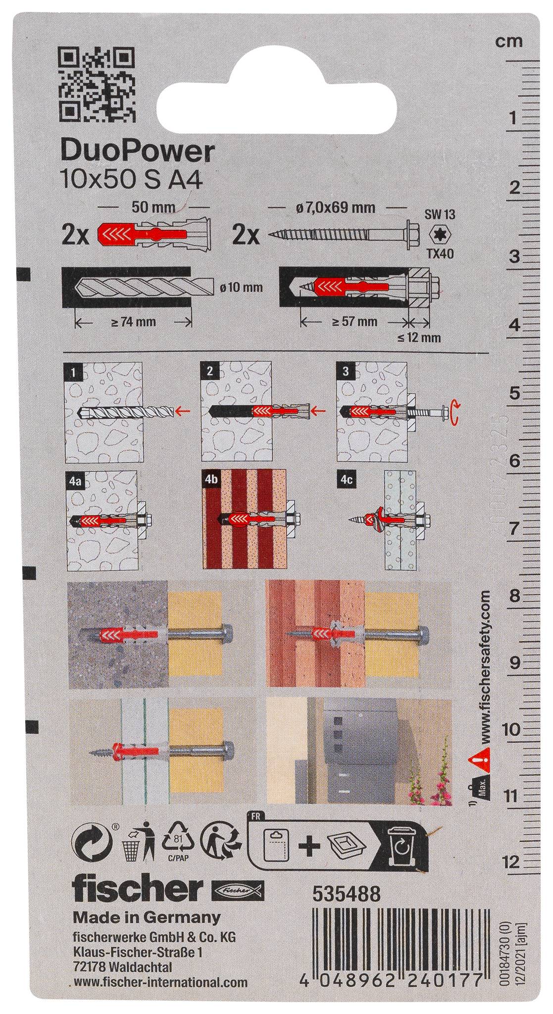 Emballage arrière pour chevilles Fischer DuoPower 10x50 S A4, montrant les dimensions de perçage, les étapes d'installation, les matériaux et le code-barres.