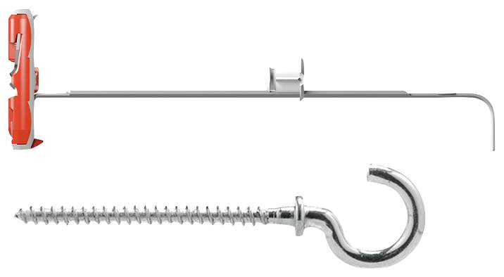 Illustration du matériel de fixation murale : une cheville plastique rouge avec une longue vis au-dessus d'un crochet métallique de fixation en dessous.