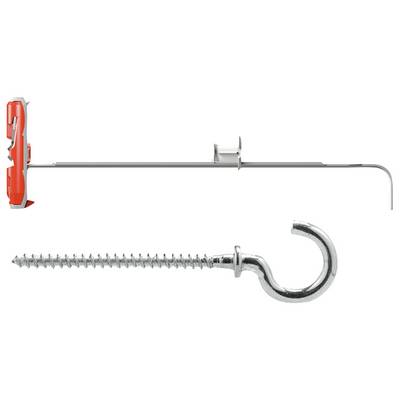 Illustration du matériel de fixation murale : une cheville plastique rouge avec une longue vis au-dessus d'un crochet métallique de fixation en dessous.