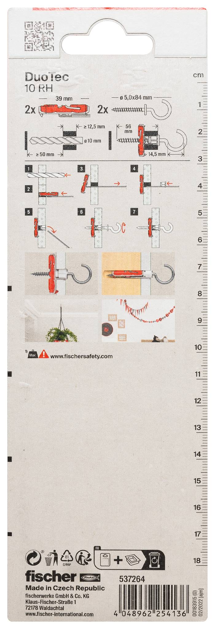 Paquet de chevilles murales Fischer DuoTec 10 RH avec instructions d'installation, étapes illustrées et une échelle de règle le long du bord droit.