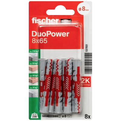 Ensemble de chevilles Fischer DuoPower 8x65, contient 8 chevilles, convient pour le béton, la brique et le béton cellulaire ; capacité de charge jusqu'à 230 kg.