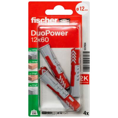 Paquet de chevilles murales Fischer DuoPower 12x60, 4 pièces, avec forage de 12 mm et charges admissibles indiquées sur le devant.