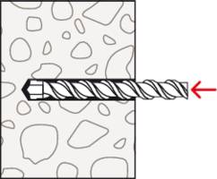Un foret pénètre dans un mur, une pointe de flèche rouge indique la direction du perçage. Illustration du forage dans un matériau solide.