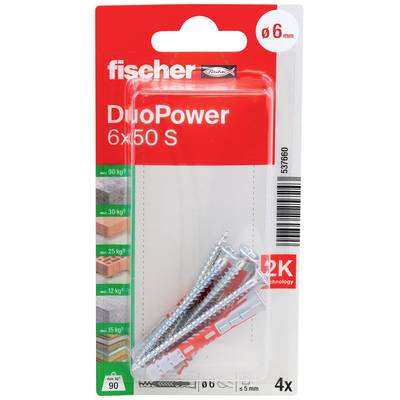 Emballage contenant quatre chevilles Fischer DuoPower 6x50 S avec vis. Adaptée pour des charges jusqu'à 90 kg sur différentes surfaces.