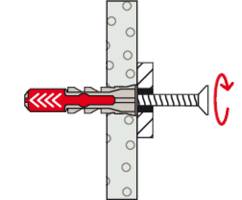 Illustration d'une cheville fixée dans un mur. Une vis est en train d'être vissée à travers la cheville pour la sécuriser. Une flèche indique le sens de rotation.