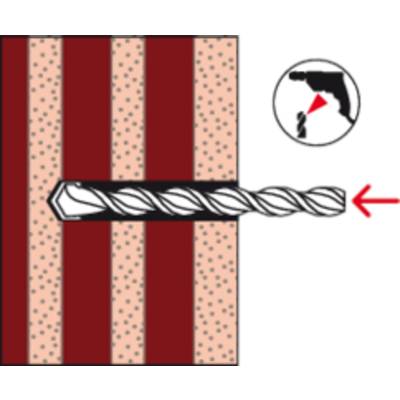 Un foret perce un mur. Une flèche rouge indique la direction du perçage. La section montre la coupe transversale du mur avec ses différentes couches.