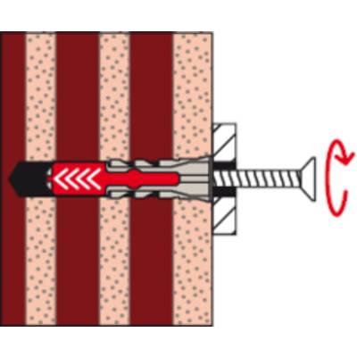 Diagramme d'une cheville en coupe transversale. La cheville est tirée et fixée dans le mur par rotation d'une vis.