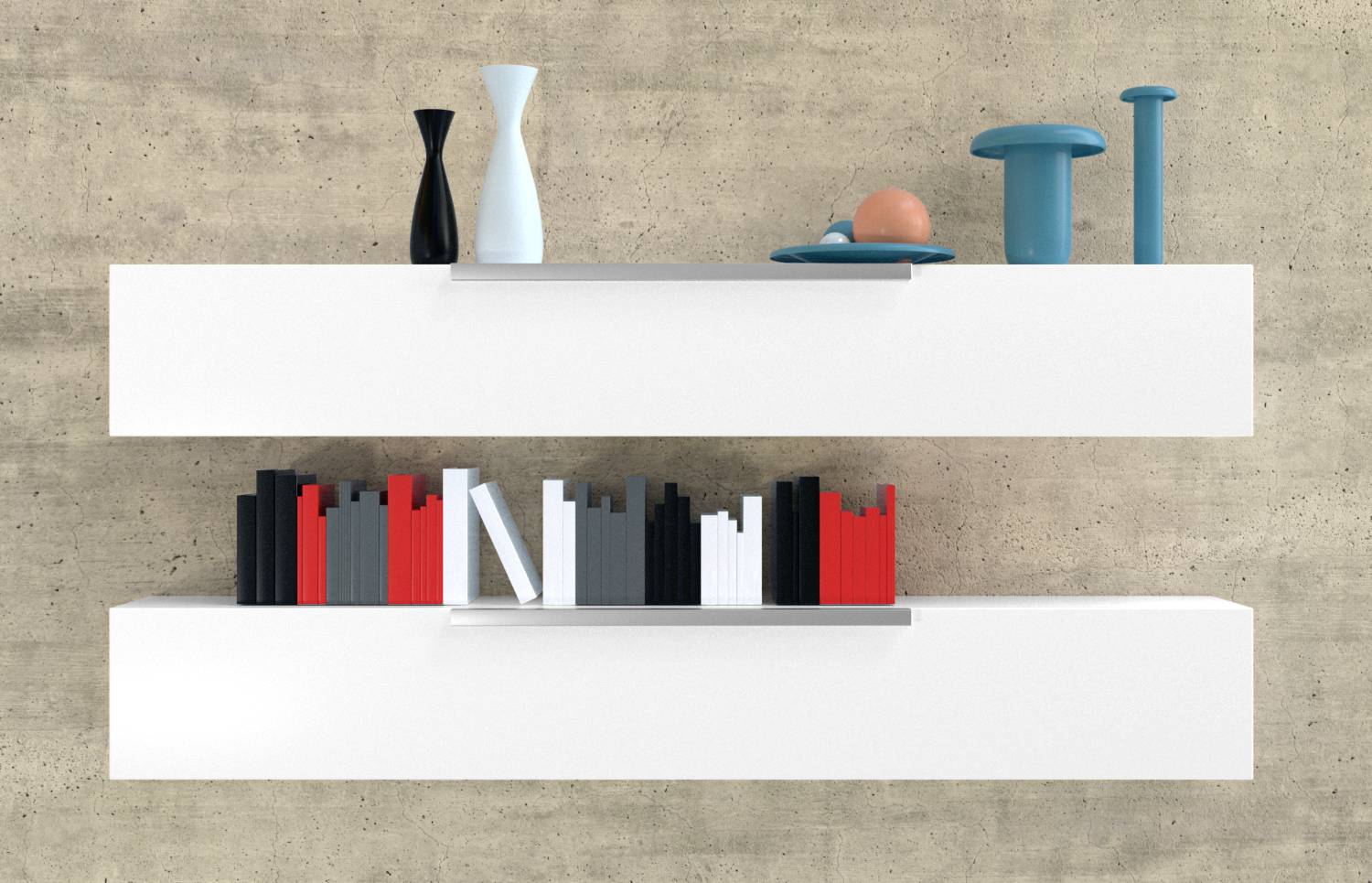 Deux étagères blanches contre un mur en béton. En haut, des vases et des décorations, en bas des livres dans les tons rouge, blanc et noir. Design minimaliste.
