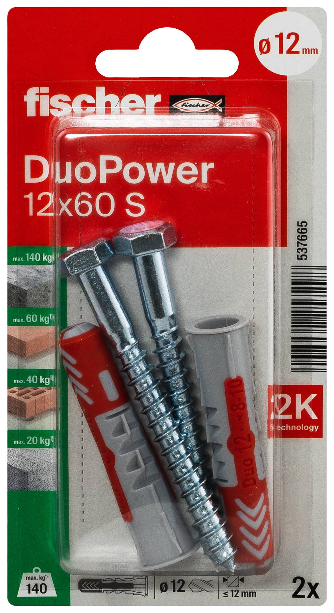 Fischer 537665 DuoPower 12 x 60 S K NV Set de chevilles 60 mm 12 mm 1 set