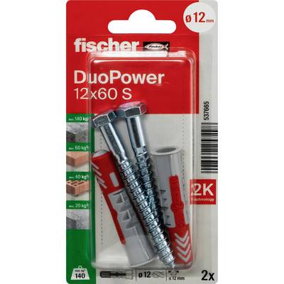 Paquet de chevilles murales fischer DuoPower 12x60 S, montrant deux ancres rouge-gris, taille 12 mm, lot de 2.