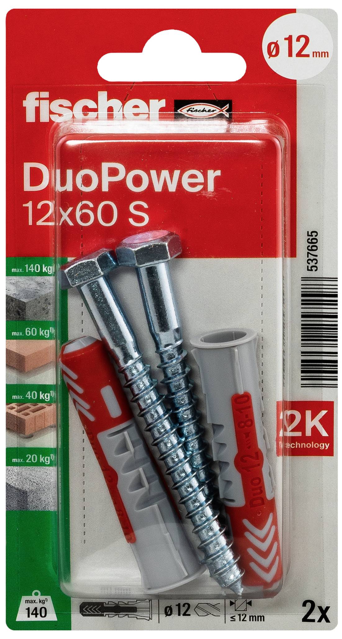 Ensemble de chevilles lourdes Fischer 'DuoPower 12x60 S', pour charges jusqu'à 140 kg, comprenant 2 chevilles et vis, compatible avec différents matériaux.