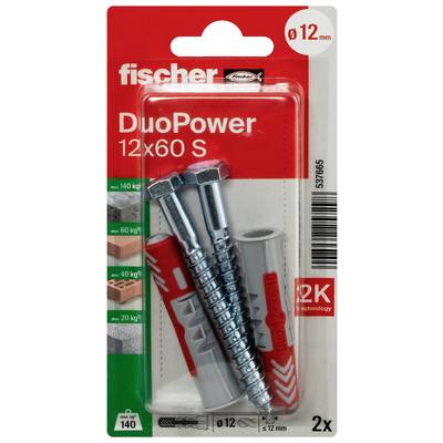 Ensemble de chevilles lourdes Fischer 'DuoPower 12x60 S', pour charges jusqu'à 140 kg, comprenant 2 chevilles et vis, compatible avec différents matériaux.