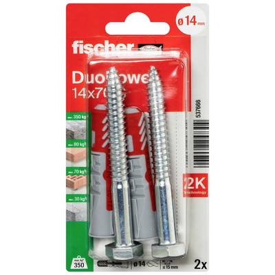 Cheville et vis de Fischer : Cheville en plastique rouge avec des flèches grises, supporte des charges lourdes ; vis métallique assortie.