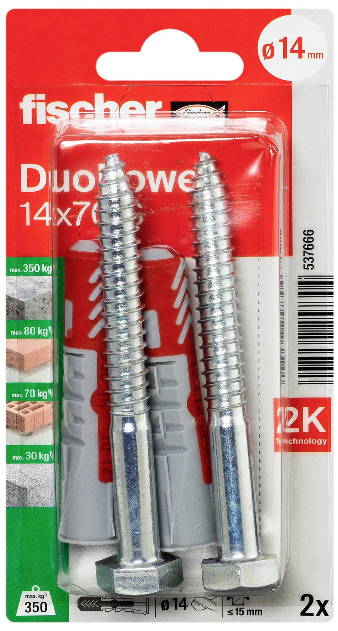 Deux grandes vis et chevilles dans un emballage de la marque Fischer, étiquetés : 'Duopower 14x70', adaptés pour le béton et la maçonnerie.
