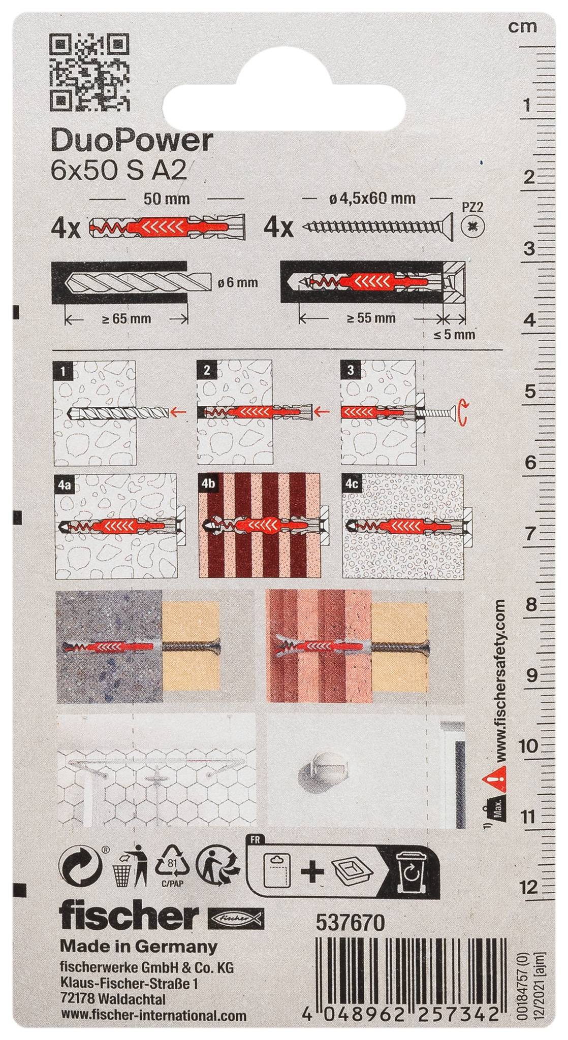 Étiquette d'emballage pour chevilles murales DuoPower 6x50 S A2, montrant 4x et 4x tailles de vis, dimensions des trous de forage, étapes d'installation et un code QR.