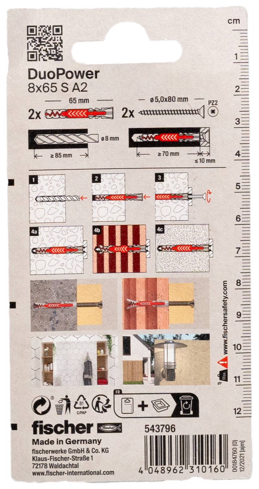 Chevilles Fischer DuoPower 8x65 S A2 - Paquet contenant les étapes d'installation, les dimensions et l'aptitude pour deux matériaux.