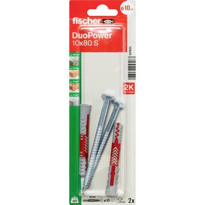 Paquet de chevilles murales fischer DuoPower, taille 10x80 S, avec 2 chevilles présentées pour le perçage et la fixation dans la maçonnerie