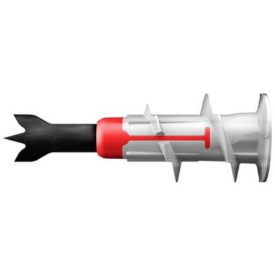 Un cheville en plastique avec une extrémité crantée noire et un accent rouge, utilisée pour la fixation dans les murs.