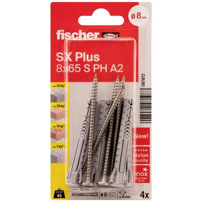 'Lot de vis et chevilles Fischer SX Plus 8x65 S PH A2 en acier inoxydable, adaptés au béton, à la brique et à la pierre, Ø 8 mm.'