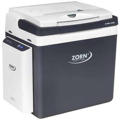 Glacière portant l'inscription « Zorn Quality Coolers » en noir et blanc. Elle est dotée d'une poignée et semble compacte et portable.