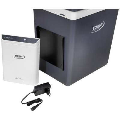 Refroidisseur électrique de Zorn, design noir et gris, accompagné d'un chargeur blanc assorti et d'un câble d'alimentation.