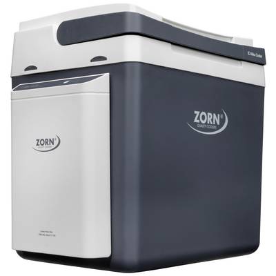 Un réfrigérateur électrique gris et blanc portant l'inscription 'ZORN'. Le couvercle de la glacière est équipé d'une poignée et est adapté au transport.