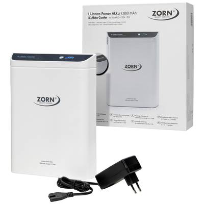 Batterie Li-ion blanche de 7800 mAh de Zorn, à côté de son emballage et du câble de charge avec connecteur.