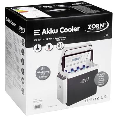 Boîte réfrigérante portable 'Akku Cooler' de ZORN ; compatible avec 230 volts, 12 volts, batterie de 7 800 mAh, permettant un refroidissement de 7,5 heures.