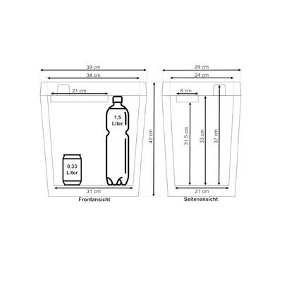 Vue de face d'un conteneur avec des dimensions pour des canettes (0,33 litre) et des bouteilles (1,5 litre). Vue latérale montrant la hauteur et la largeur.