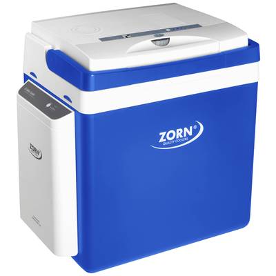 Glacière bleue avec couvercle blanc et poignée intégrée. Le nom de marque 'Zorn Quality Coolers' est visible sur le côté.