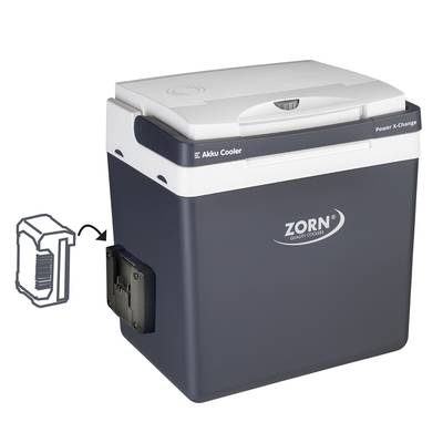 Une glacière portable avec un compartiment pour batterie, bleu foncé et blanc, portant l'inscription 'Zorn'. Un diagramme montre comment insérer la batterie.